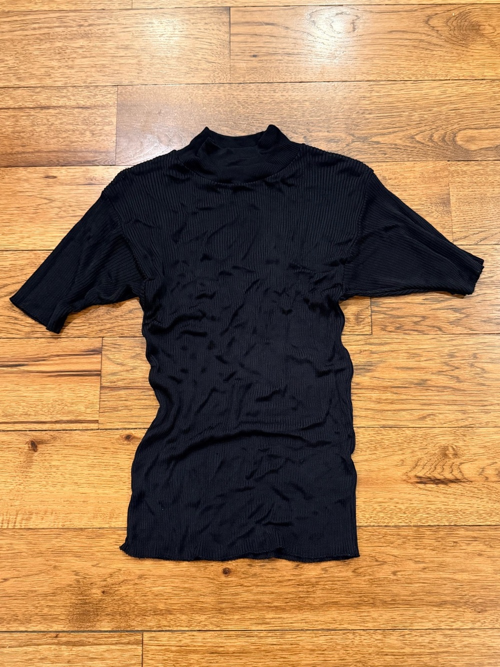 Vintage "Elements" Exclusively Spiegel Black Ribbed Short-Sleeve Sheer Mock Neck
